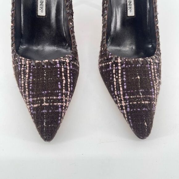 Manolo Blahnik BB Tweed Whipstitch Pumps Pointed Toe Purple Brown 37.5 / 7.5 - Picture 3 of 15